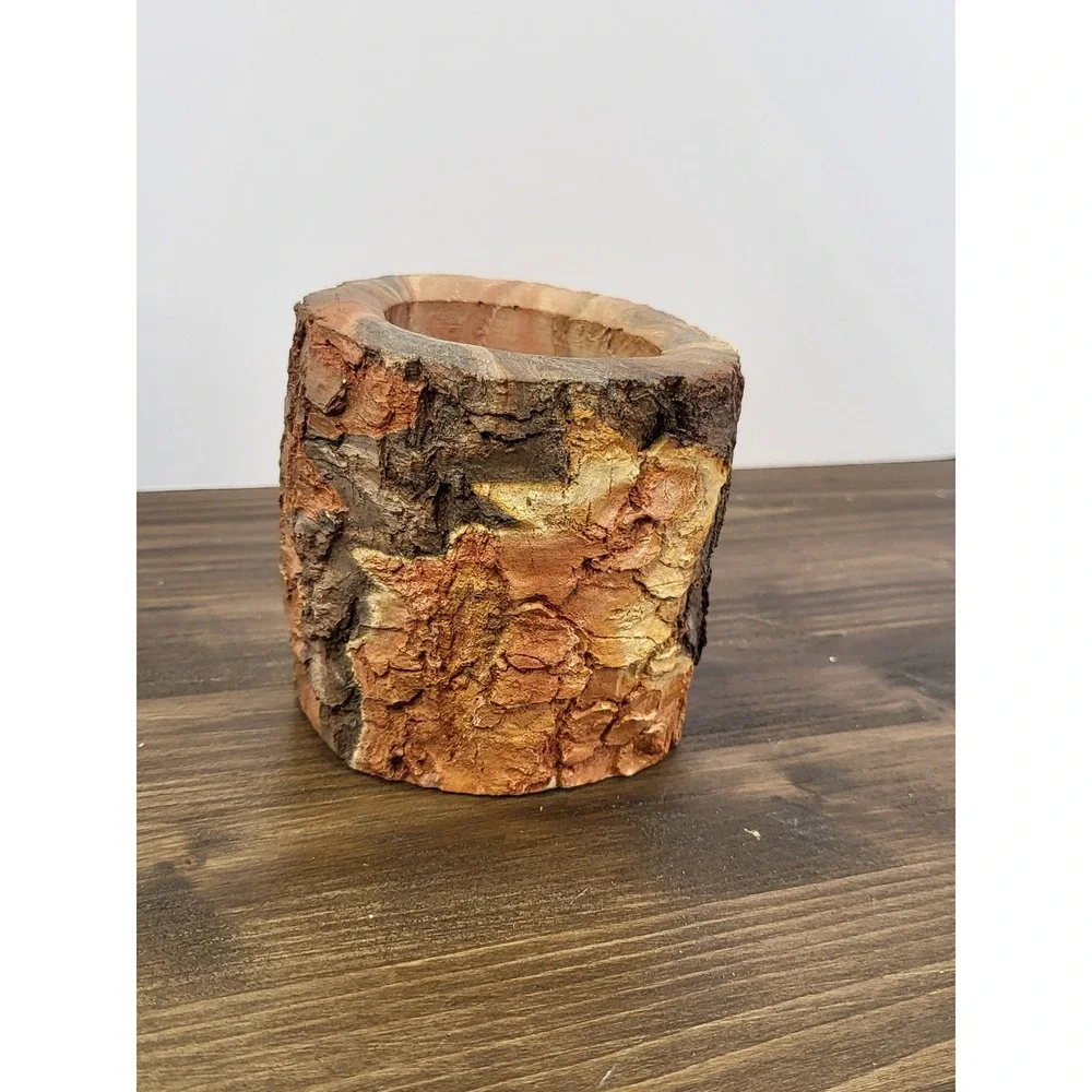 Kim Bird Signed Natural Wood Log Vessel Rustic Bark Pencil Holder Planter 4in